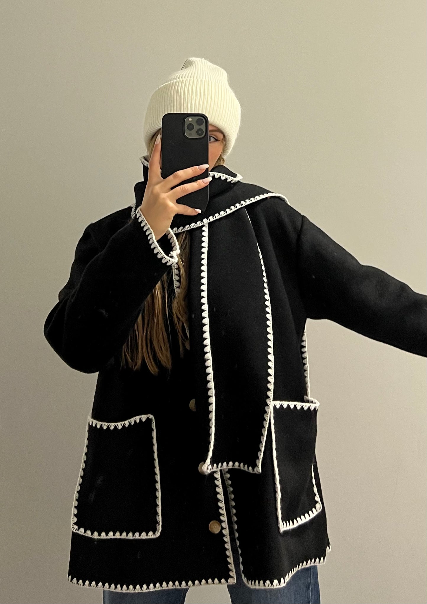 Wooljacket With Scarf Black / White