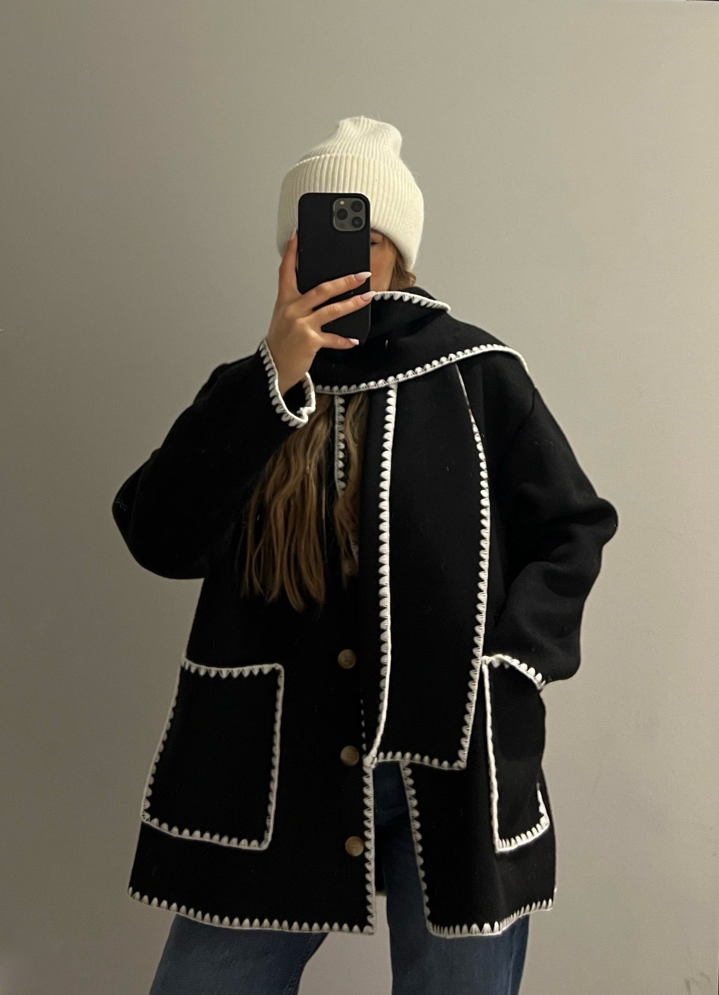 Wooljacket With Scarf Black / White
