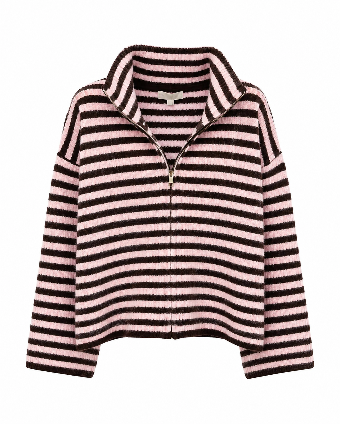 Pink & Brown Striped Knit Zip-Up Jacket