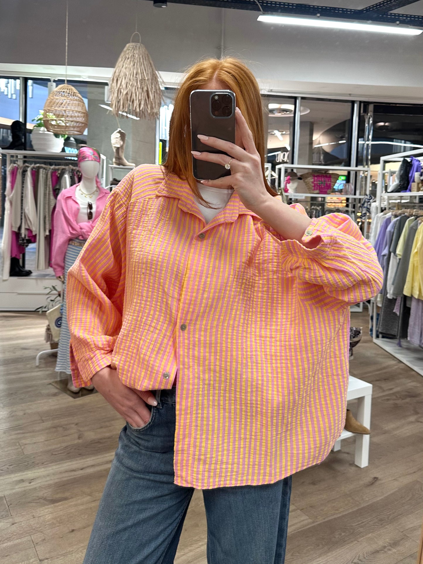 Musselin oversized Bluse gestreift in Gelb/Rosa