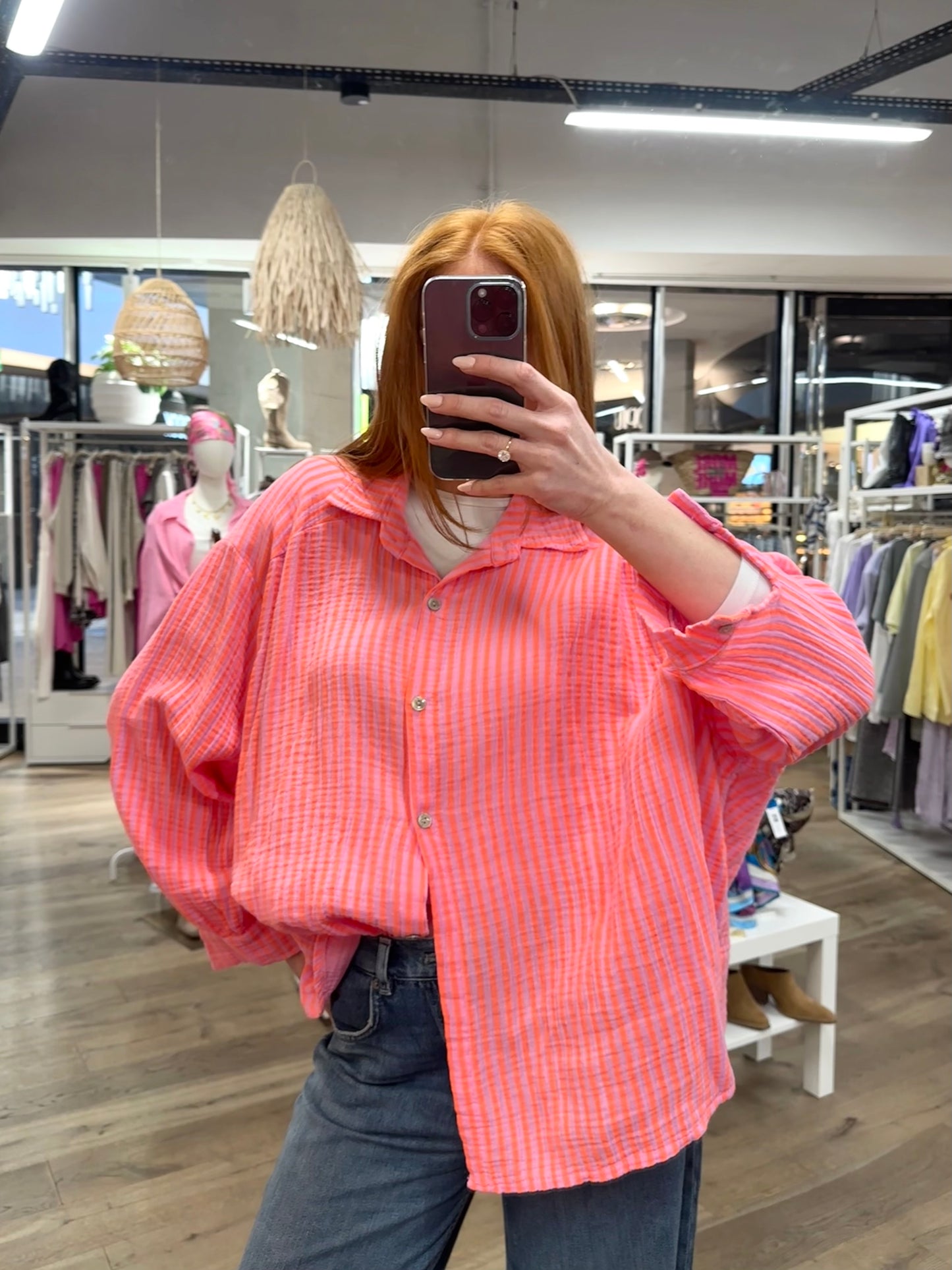 Musselin oversized Bluse gestreift in Orange/Pink