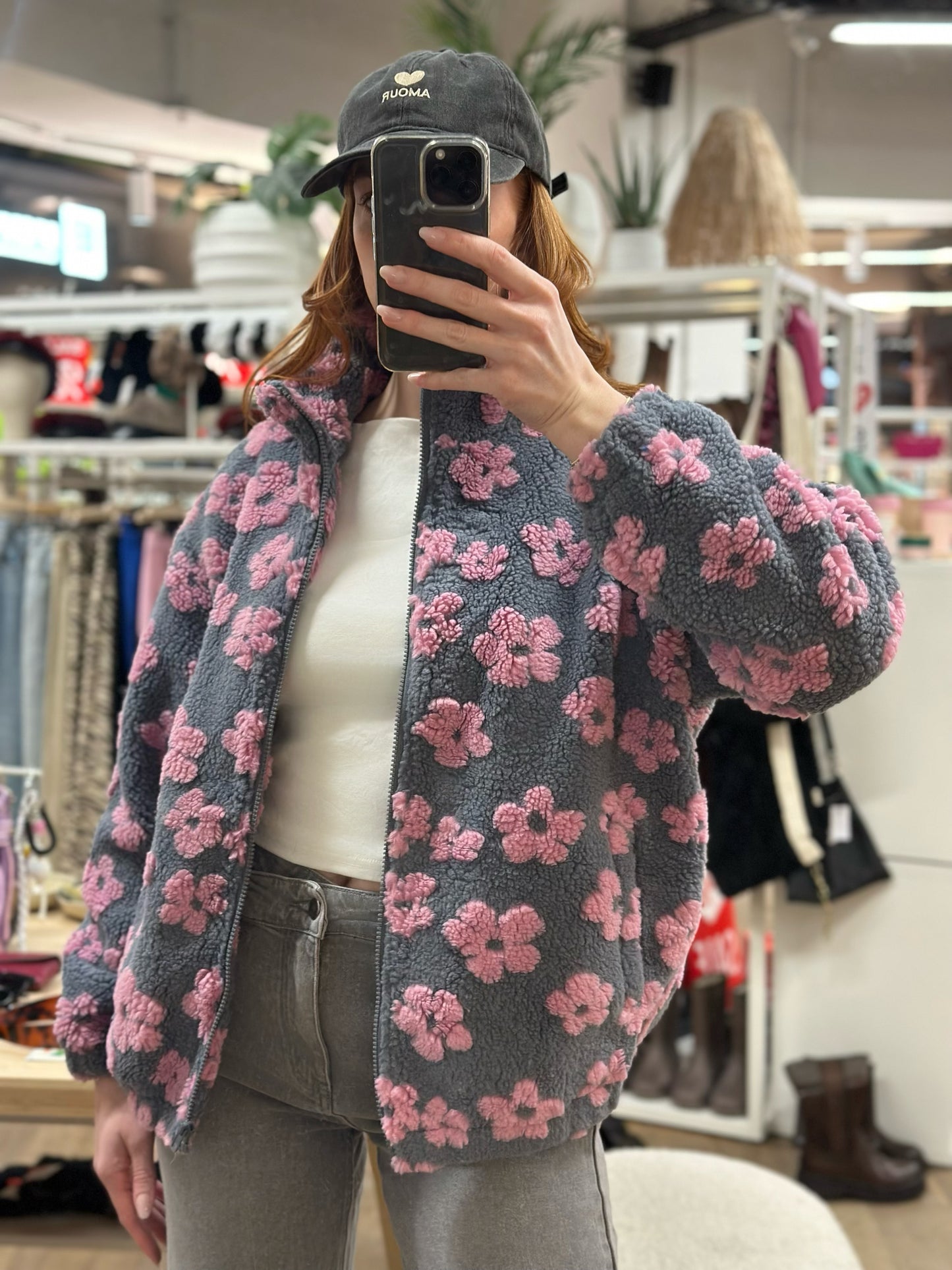 Teddyfleecejacke mit Blumenmuster