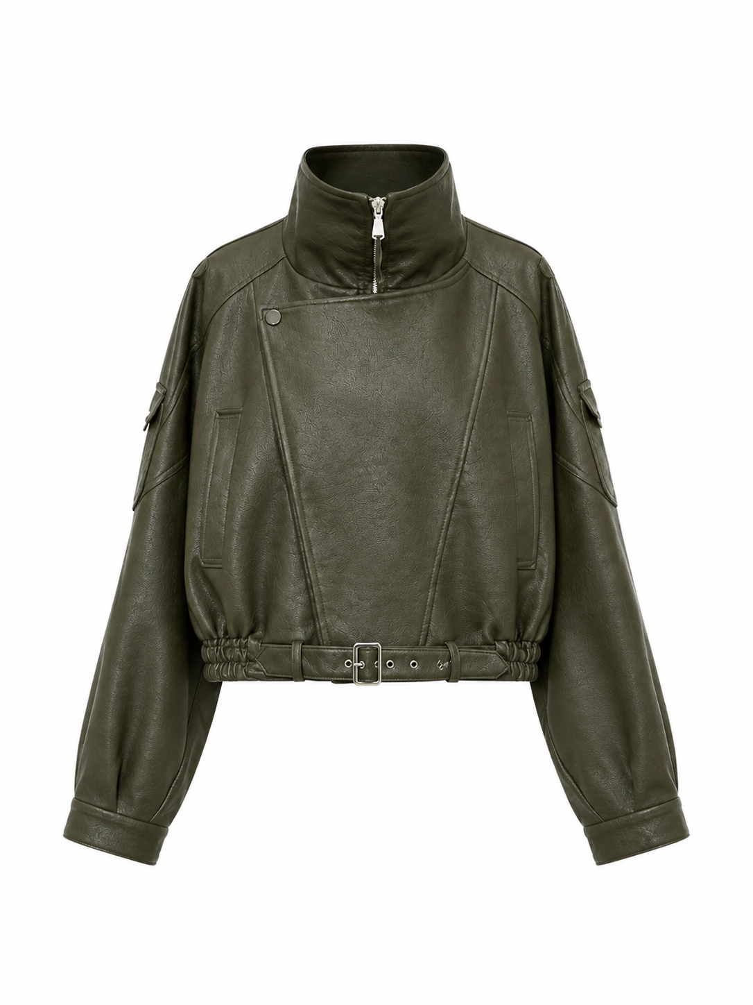 Olive Green Faux Leather Cropped Jacket