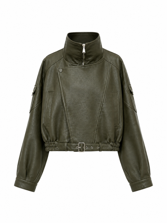 Olive Green Faux Leather Cropped Jacket