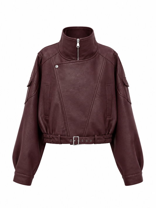 Burgundy Faux Leather Cropped Jacket