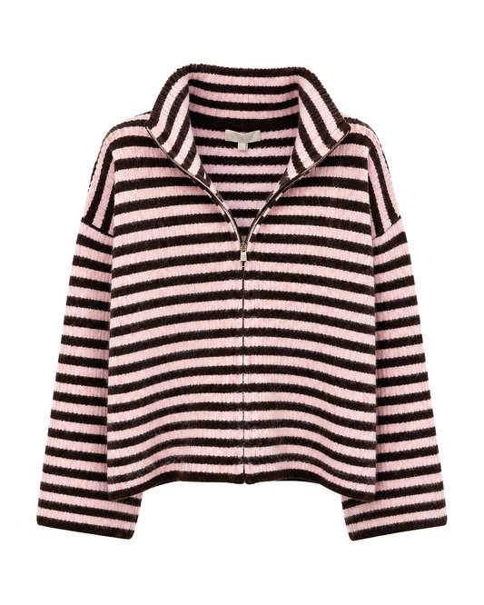 Pink & Brown Striped Knit Zip-Up Jacket