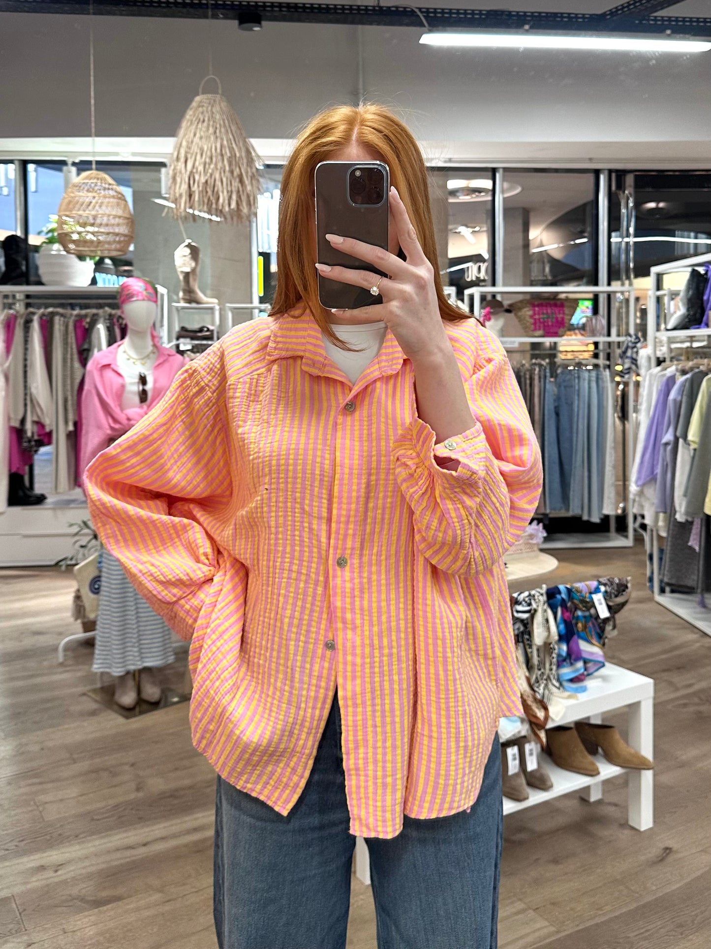 Musselin oversized Bluse gestreift in Gelb/Rosa