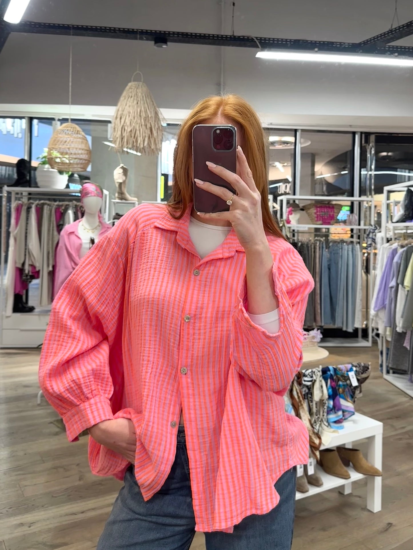Musselin oversized Bluse gestreift in Orange/Pink