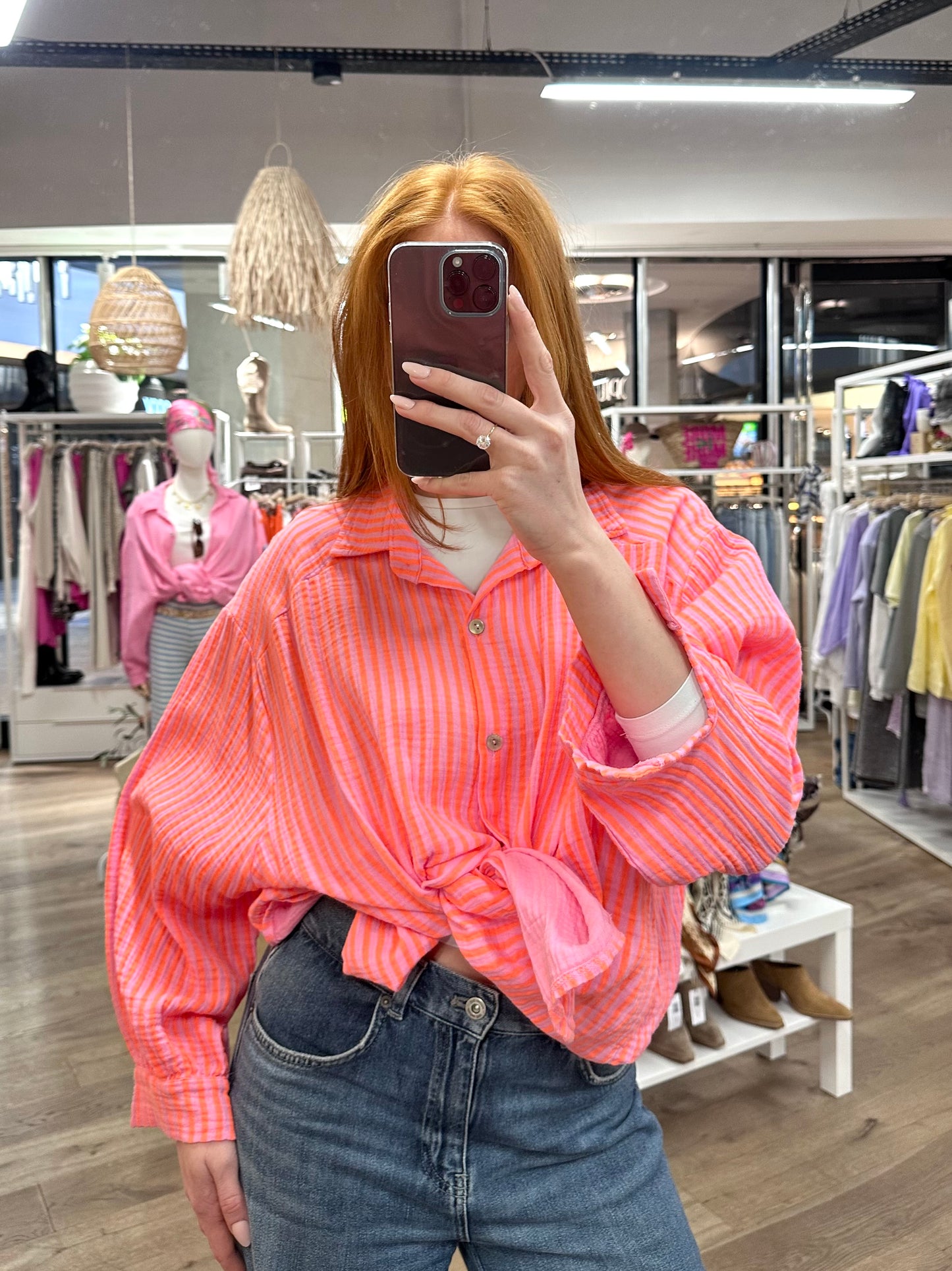 Musselin oversized Bluse gestreift in Orange/Pink